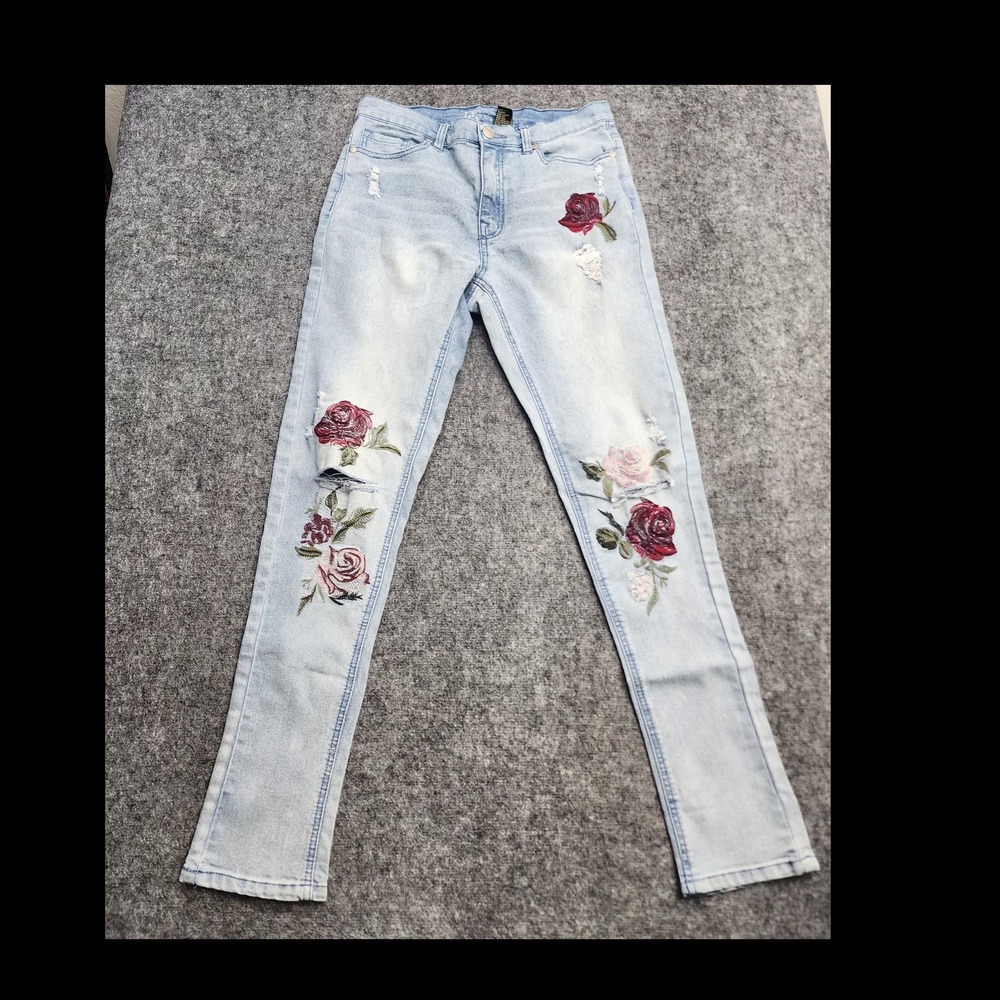 DQ2 Womens Blue Denim Light Wash Mid Rise Skinny Jeans Floral‎ Embroidered